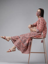 Peach Cambric Mexican Print Straight Kurta Palazzo Set With Mask